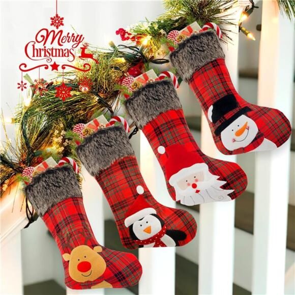 Christmas Stocking, 4 Pack 19 inch Xmas Stockings wiht Snowflake Santa Snowman - Picture 2 of 8